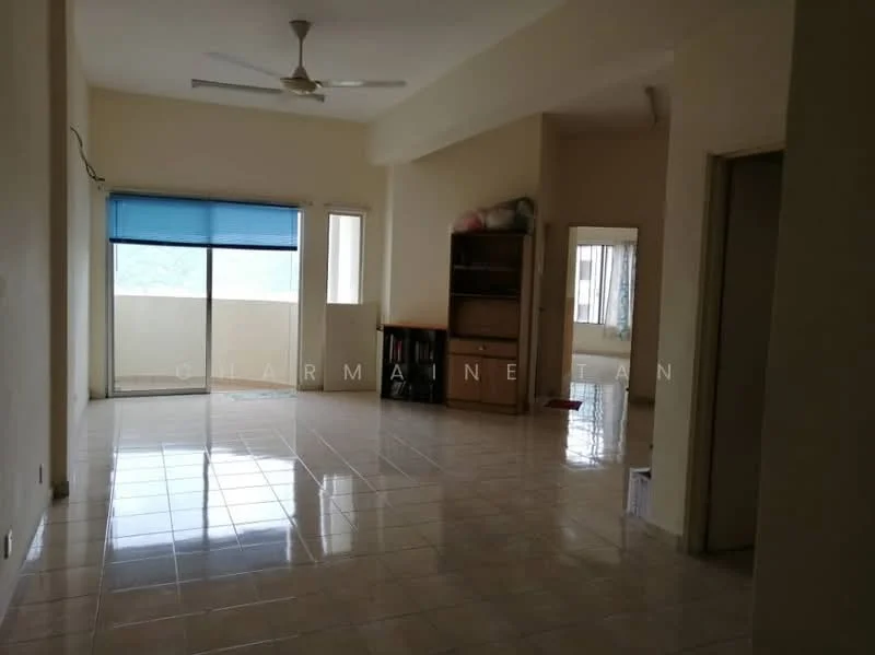 Living features: white painted walls, glossy tile flooring, ceiling fan, floor-to-ceiling windows, sliding glass door, balcony access, built-in shelving unit, natural light from windows, neutral color scheme, mirror on wall; style: modern; view: city.