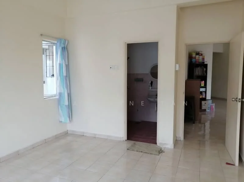 Room features: white painted walls, cream tiled flooring, window with sheer curtains, doorway leading to another room, visible bathroom area, light-colored ceiling, neutral color scheme; style: minimalist.