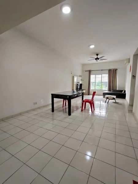 Living features: white painted walls, tile flooring, 5-blade ceiling fan with light, large window with sheer curtains, sofa in black, coffee table, 2 red plastic chairs, TV console, recessed lighting; style: modern.