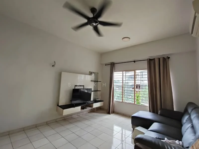 Living features: 3-seater leather sofa, wall-mounted TV, TV console, ceiling fan, white painted walls, tile flooring, large window with curtains, natural light, decorative wall shelf; style: modern; view: garden.