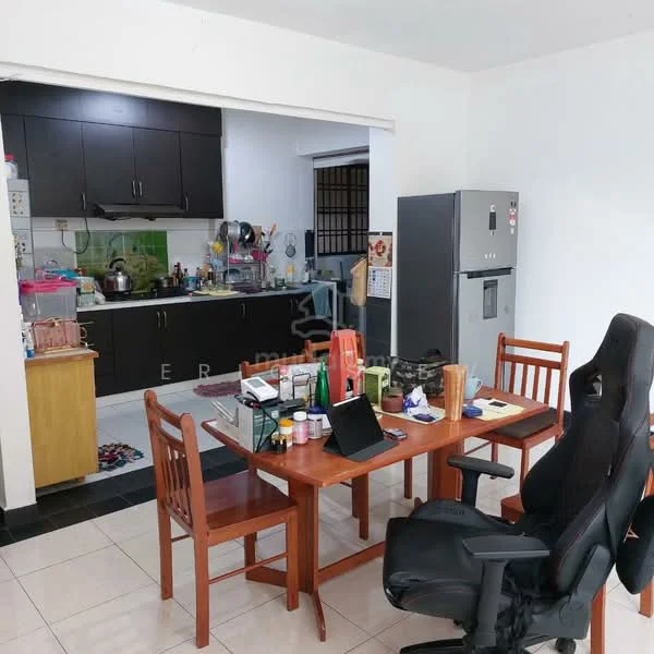 Kitchen features: black cabinetry, stainless-steel fridge, built-in stove, kitchen sink, tile backsplash, countertop with utensils, open shelving, microwave, cooking pots and pans; style: modern. Dining features: wood dining table, 4 wooden chairs, laptop on table, various bottles and containers, calendar on wall, decorative items on table; style: modern.