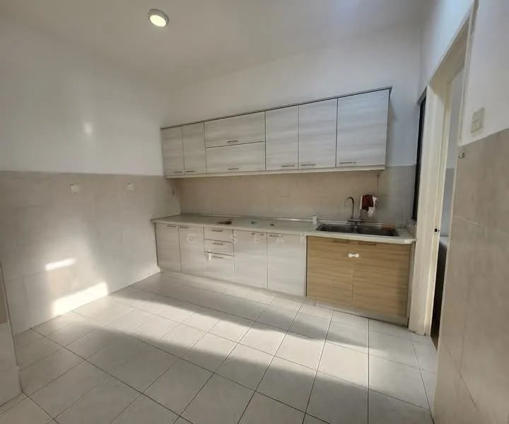 Kitchen features: white cabinets with wood accents, stainless-steel sink, chrome faucet, ceramic tile flooring, light-colored wall tiles, countertop with integrated backsplash, built-in cabinets, under-cabinet lighting, open layout, natural light from window; style: modern.