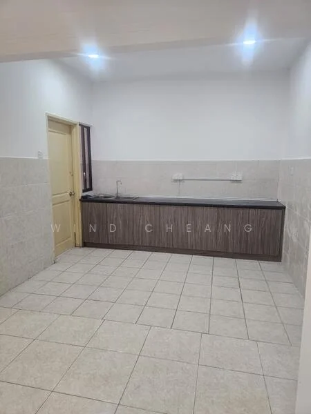 Kitchen features: white painted walls, cream tiled backsplash, grey laminate cabinetry, black countertop, single-bowl stainless-steel sink, wall-mounted faucet, tile flooring, recessed LED downlights; style: modern.