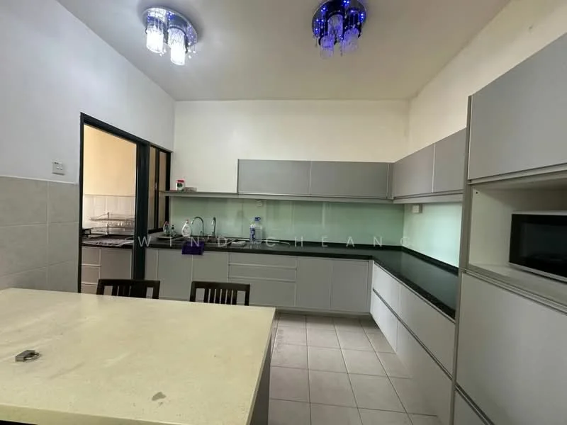Kitchen features: grey cabinetry, black countertop, white tiled flooring, glass backsplash, built-in microwave, single-bowl stainless-steel sink, chrome pull-down faucet, kitchen island with seating, recessed downlights, 2-blade ceiling fan with light, wall-mounted cabinets; style: modern.