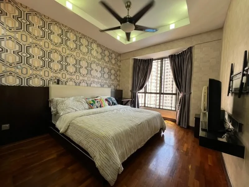 Bedroom features: queen-size bed with white and striped bedding, upholstered headboard, wooden flooring, geometric patterned wallpaper, cream painted walls, 5-blade ceiling fan with light, floor-to-ceiling windows, blackout curtains, TV mounted on wall, floating shelf for TV console; style: modern; view: city.