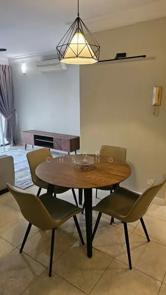Dining features: round wooden dining table, 4 upholstered dining chairs in beige, pendant lamp with geometric design, wall-mounted light fixture, cream painted walls, tile flooring, air conditioning unit, TV console in background, curtains in grey, decorative wall panel; style: modern.