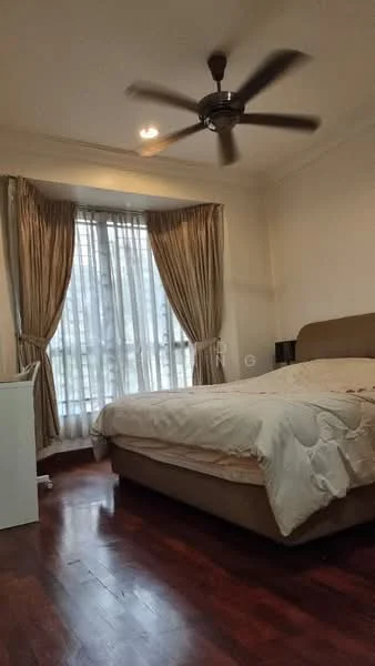 Bedroom features: king-size bed, upholstered headboard, bedside lamps, curtains, floor-to-ceiling windows, wooden flooring, 5-blade ceiling fan with light, decorative wall, nightstand, light-colored bedding; style: modern; view: city.