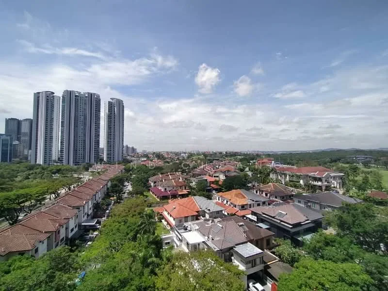 Exterior type: high-rise condominium; features: city skyline view, surrounded by greenery, mixed residential architecture, multi-storey buildings, single-storey houses, rooftop gardens, tree-lined streets, open spaces; style: modern.