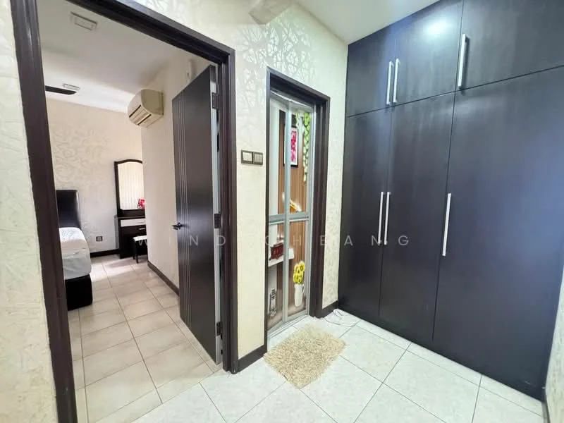Room features: cream wallpaper with floral pattern, dark wood cabinetry, tile flooring, door with glass panel, wall-mounted air conditioning unit, light switch, door mat, staircase visible in background; style: modern.