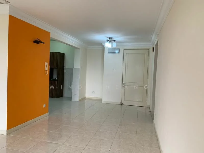 Living features: white painted walls, orange accent wall, glossy tile flooring, recessed ceiling lights, wall-mounted light fixture, main entrance door, open layout to kitchen, crown moulding; style: modern. Kitchen features: wood cabinetry, countertop, unknown appliances.