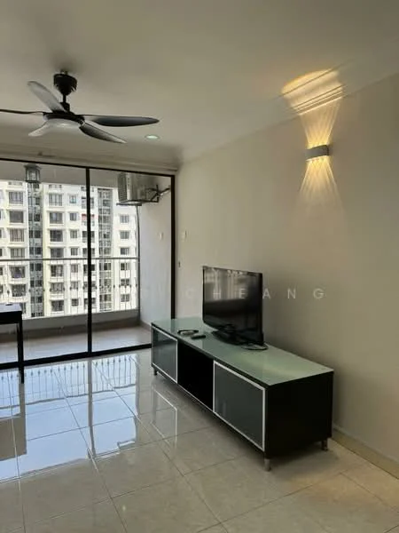 Living features: 5-blade ceiling fan with light, wall-mounted TV, TV console in black and glass, large sliding glass door, floor-to-ceiling windows, white painted walls, glossy tile flooring, recessed lighting, air conditioning unit; style: modern; view: city.