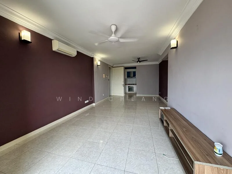 Living features: grey accent wall, white painted walls, ceramic tile flooring, 5-blade ceiling fan with light, wall-mounted air conditioning unit, recessed downlights, TV console, sliding glass door, window with sheer curtains; style: modern.