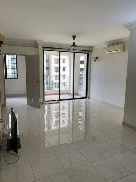 Living features: glossy tile flooring, white painted walls, 5-blade ceiling fan with light, sliding glass door, floor-to-ceiling windows, air conditioning unit, wall-mounted TV, neutral decor; style: modern; view: garden.