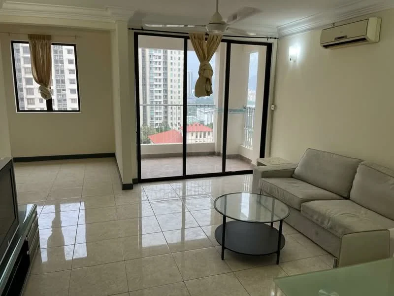 Living features: 3-seater fabric sofa in light grey, glass coffee table with black metal base, floor-to-ceiling windows, sliding glass door to balcony, cream painted walls, polished ceramic tile flooring, ceiling fan, wall-mounted air conditioning unit, sheer curtains; style: modern; view: city.