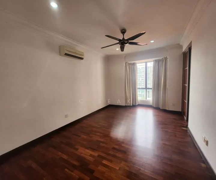 Living features: wooden flooring, white painted walls, 5-blade ceiling fan with light, floor-to-ceiling windows, curtains, wall-mounted split AC, recessed downlights, double-door entry, balcony access; style: modern; view: city.