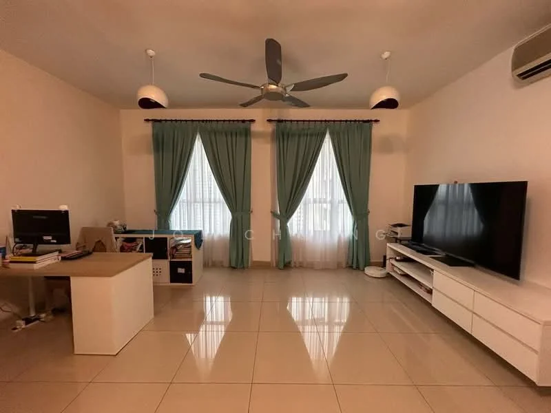 Living features: light-coloured painted walls, glossy tile flooring, 5-blade ceiling fan with light, two large windows with sheer curtains, green curtains, wall-mounted TV, white TV console, wooden desk, computer monitor, storage boxes, decorative items on desk; style: modern.