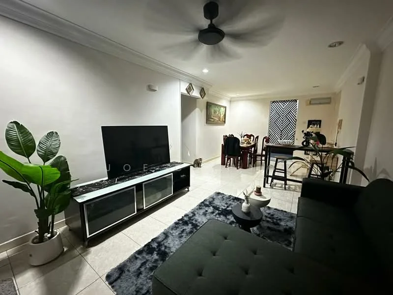 Living features: black fabric sectional sofa, 3-seater sofa, coffee table, large flat-screen TV on console, white painted walls, tile flooring, ceiling fan, area rug with geometric pattern, decorative houseplant in pot, dining area visible in background with wooden dining table and chairs; style: modern.