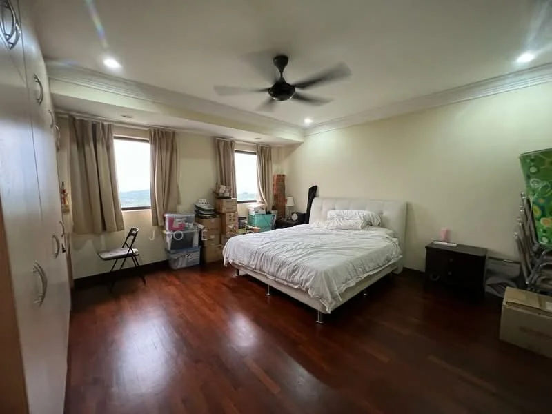 Bedroom features: king-size bed with white bedding, wooden flooring, ceiling fan with light, two windows with curtains, built-in wardrobe with sliding doors, nightstand, decorative items on the floor, boxes and storage items, neutral wall color, recessed lighting; style: modern; view: city.