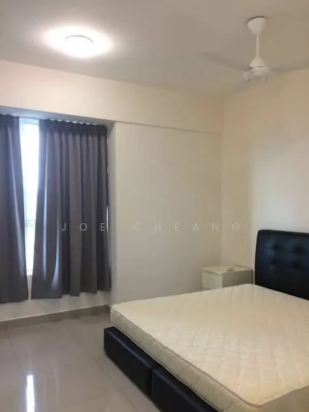 Bedroom features: queen-size bed, black upholstered headboard, grey curtains, floor-to-ceiling window, ceiling fan, white painted walls, glossy tile flooring, nightstand; style: modern.