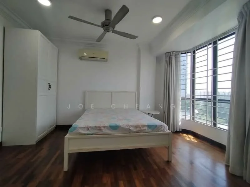 Bedroom features: queen-size bed, white upholstered headboard, wooden flooring, 5-blade ceiling fan, wall-mounted split AC, floor-to-ceiling windows, sheer curtains, built-in wardrobe with white finish, decorative ceiling lights; style: modern; view: city.