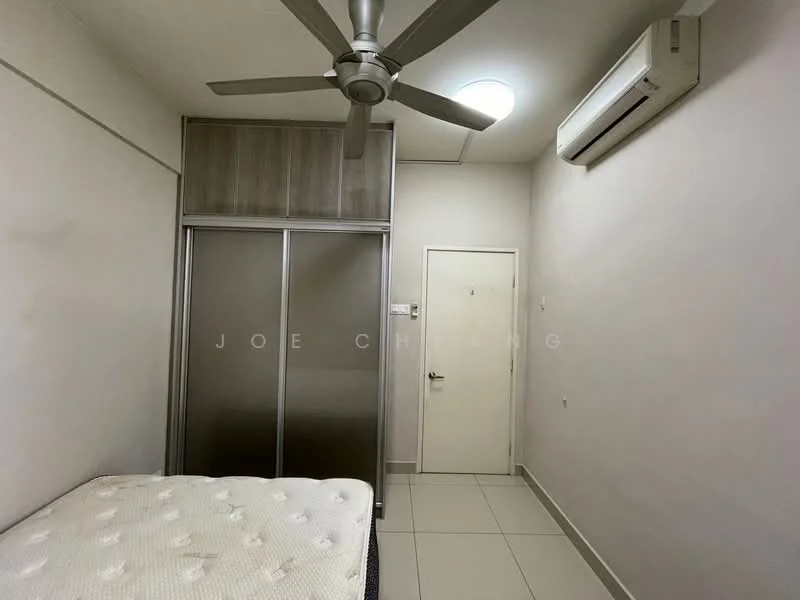 Bedroom features: white painted walls, tile flooring, 5-blade ceiling fan, wall-mounted split AC, built-in wardrobe with sliding doors, door to hallway, light fixture, mattress on bed frame.