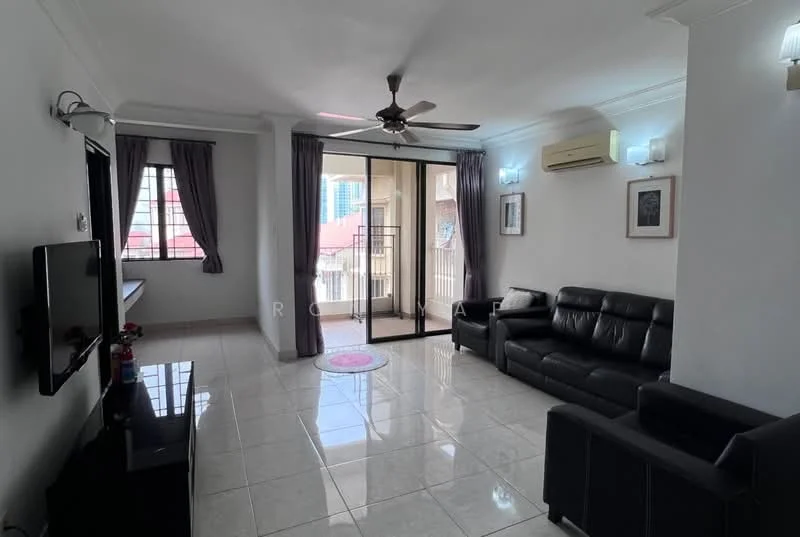 Living features: 3-seater leather sofa in black, 2-seater fabric sofa in grey, coffee table, wall-mounted TV, ceiling fan with light, floor-to-ceiling windows, sliding glass door, curtains, tile flooring, air conditioning unit, decorative wall art, area rug; style: modern; view: city.