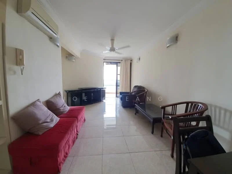 Living features: white painted walls, glossy tile flooring, 5-blade ceiling fan with light, 2-seater fabric sofa in beige, 3-seater fabric sofa in red, wooden armchair, coffee table, wall-mounted air conditioning unit, curtains, large window with city view; style: modern; view: city.