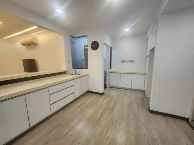 Kitchen features: white cabinetry with flat-panel doors, light-colored countertop, single-bowl stainless-steel sink, chrome pull-down faucet, built-in wall-mounted air conditioning unit, wood-look laminate flooring, recessed downlights, open layout, wall-mounted clock; style: modern.