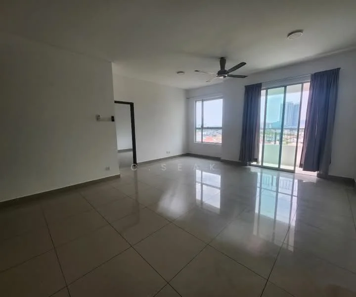Living features: white painted walls, polished ceramic tile flooring, 5-blade ceiling fan with light, floor-to-ceiling windows, sliding glass door, curtains, natural light, city view; style: modern; view: city.
