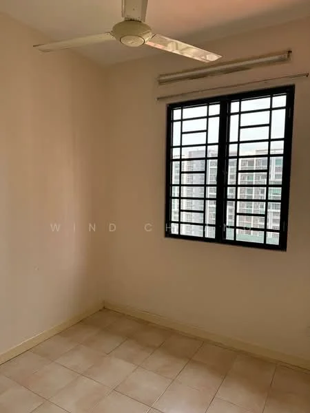 Room features: plain white walls, tiled flooring, ceiling fan, window with black metal grille, natural light from window, view of neighboring buildings.