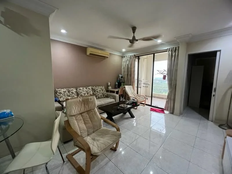 Living features: cream painted walls, grey accent wall, white ceiling with recessed downlights, marble tile flooring, 3-seater fabric sofa with floral pattern, wood coffee table, 2-seater wooden armchair, floor-to-ceiling sliding glass door, curtains, wall-mounted air conditioning unit, decorative lamp, area rug; style: modern; view: garden.