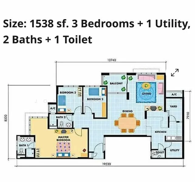 Floor plan: 3-bedroom 2-bathroom unit; features: open-plan kitchen-dining-living, master bedroom with ensuite bathroom, balcony off living room, utility room, 1 toilet, 2 bathrooms, all bedrooms with windows, central foyer.