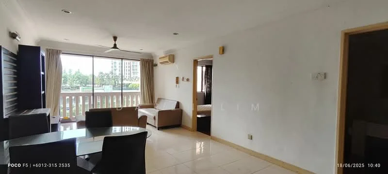 Living features: cream painted walls, white ceiling, 5-blade ceiling fan, large sliding glass door, floor-to-ceiling windows, tile flooring, sofa in beige, dining table with chairs, air conditioning unit, balcony view, decorative wall paneling; style: modern; view: garden.