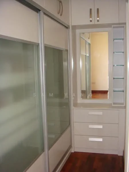 Room features: built-in wardrobe with sliding glass doors, mirrored panel, drawers with white fronts, glass shelving, wooden flooring, neutral wall color, modern cabinet handles; style: modern.
