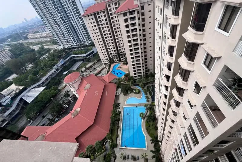Exterior type: high-rise condominium; features: multiple high-rise buildings, swimming pool, landscaped garden, pool deck with loungers, clubhouse, manicured lawn, surrounding greenery, city skyline in background; style: modern.