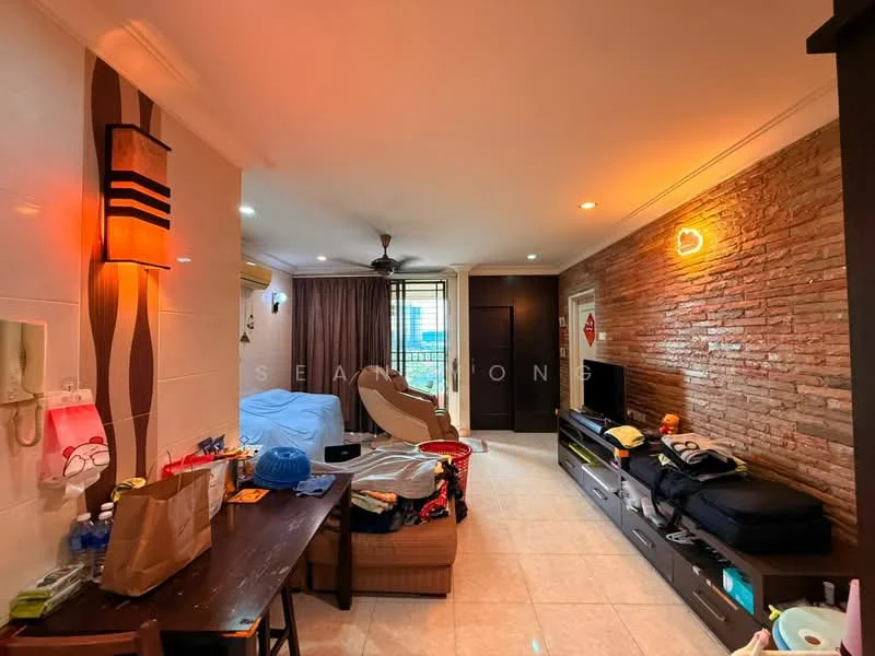 Living features: cream painted walls, exposed brick accent wall, tile flooring, 5-blade ceiling fan with light, sofa in beige, coffee table, TV console, wall-mounted TV, decorative wall light, curtains, window with city view, dining table, decorative items on shelves; style: modern; view: city.