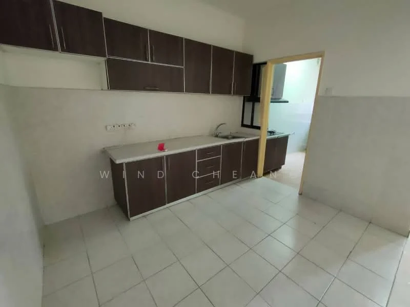 Kitchen features: brown cabinetry, white countertop, single-bowl stainless-steel sink, chrome faucet, tile flooring, white tiled walls, open layout, wall-mounted cabinets; style: modern.