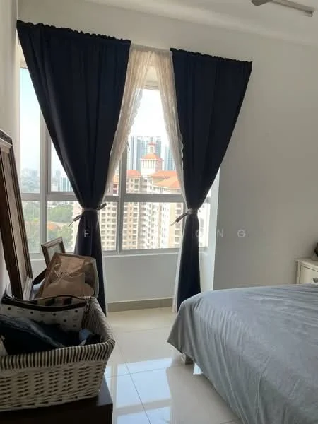 Bedroom features: floor-to-ceiling windows, dark blue curtains, white sheer curtains, queen-size bed, light-colored bedding, white painted walls, glossy tile flooring, decorative wall mirror, basket for storage, visible city skyline view; style: modern; view: city.