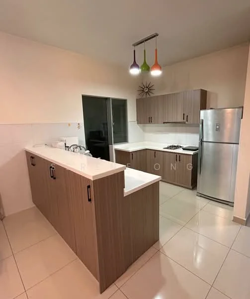 Kitchen features: laminate cabinetry in wood finish, white quartz countertop, stainless-steel fridge, 4-burner gas hob, built-in oven, double-bowl stainless-steel sink, chrome pull-down faucet, pendant lighting with colorful shades, white tiled backsplash, ceramic tile flooring, floor-to-ceiling sliding glass door, wall-mounted storage shelves; style: modern.