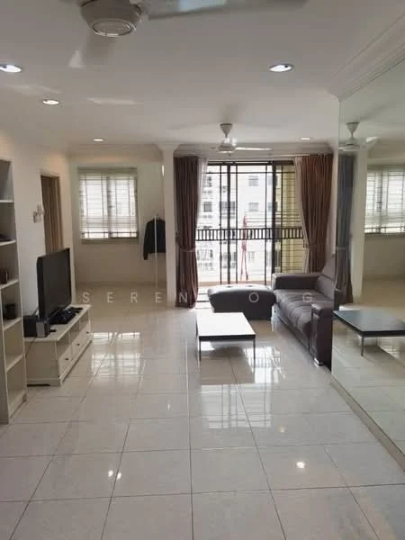 Living features: cream painted walls, white ceiling with recessed downlights, large floor-to-ceiling windows, brown curtains, 3-seater leather sofa in brown, coffee table with glass top, TV console with storage, wall-mounted TV, polished ceramic tile flooring, decorative mirror, ceiling fan; style: modern; view: city.