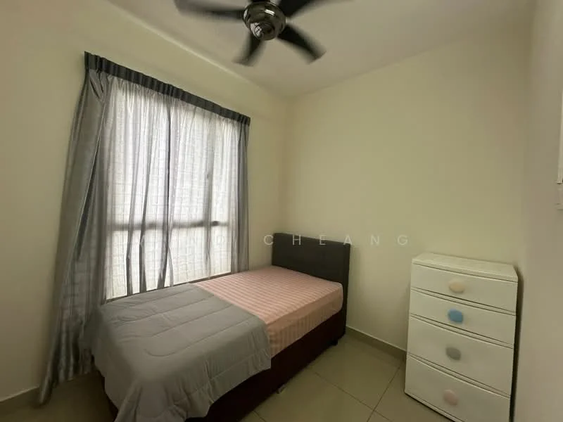 Bedroom features: single bed, grey bedspread, white curtains, ceiling fan, light-colored walls, tiled flooring, white dresser with colored knobs, window with natural light; style: modern.