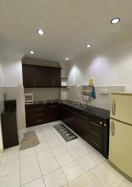 Kitchen features: dark wood cabinetry, white tiled backsplash, granite countertop, stainless-steel fridge, built-in microwave, single-bowl stainless-steel sink, chrome pull-down faucet, ceramic tile flooring, recessed LED downlights, open shelving, kitchen rug; style: modern.