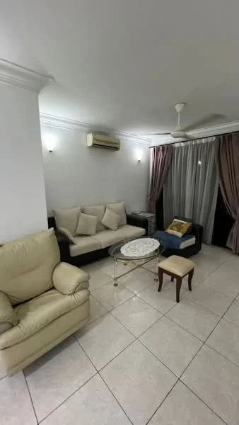 Living features: cream painted walls, white ceiling with crown moulding, ceramic tile flooring, 3-seater fabric sofa in beige, 1-seater leather armchair in cream, glass coffee table, decorative wall art, 2 wall-mounted lights, 1 wall-mounted split AC, ceiling fan; style: modern.