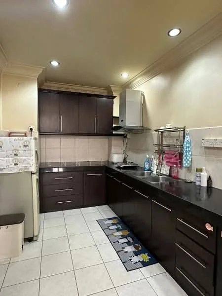 Kitchen features: dark wood cabinetry, black countertop, stainless-steel sink, chrome pull-down faucet, built-in gas stove, built-in oven, white tiled backsplash, white tiled flooring, recessed ceiling lights, fridge, dish rack, kitchen towel holder, kitchen rug with cartoon pattern; style: modern.