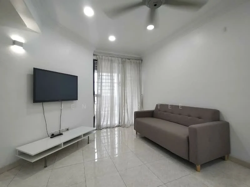 Living features: grey fabric sofa, wall-mounted TV, white TV console, marble tile flooring, recessed downlights, ceiling fan, floor-to-ceiling windows with sheer curtains, white painted walls; style: modern.