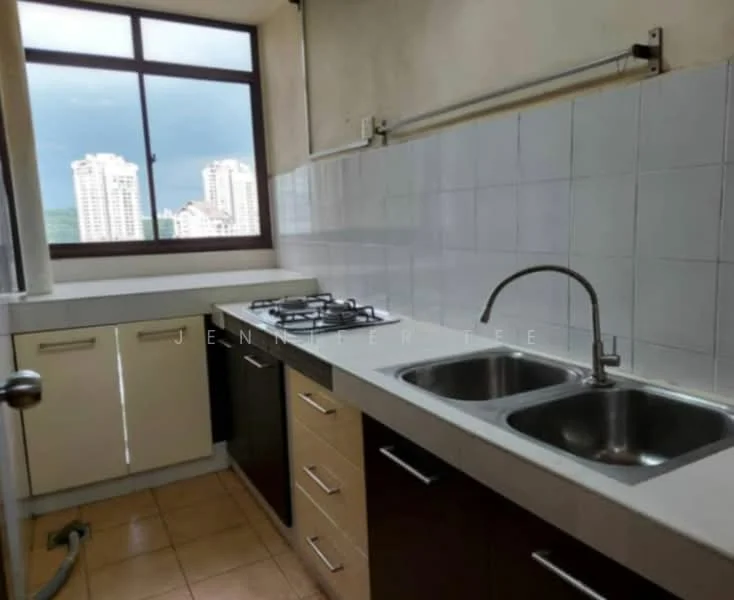 Kitchen features: double-bowl stainless-steel sink, chrome pull-down faucet, gas hob with 4 burners, white tiled backsplash, cream cabinetry with flat-panel doors, dark wood lower cabinets, countertop with overhang, window with city view, tile flooring; style: modern; view: city.