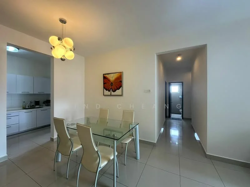 Dining features: glass dining table, 4 upholstered dining chairs, pendant light fixture, white painted walls, grey tiled flooring, framed artwork on wall, open layout to kitchen, natural light from window; style: modern. Kitchen features: white cabinetry, stainless-steel appliances, countertop with storage, open layout to dining area; style: modern. Hallway features: grey tiled flooring, white painted walls, doorway leading to exterior.