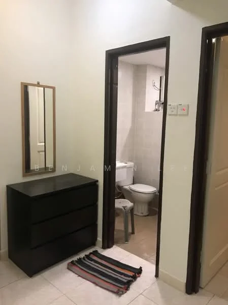 Room features: white painted walls, tile flooring, black dresser with three drawers, full-length mirror, doorway leading to bathroom, light switch on wall, small stool, striped rug; style: modern.