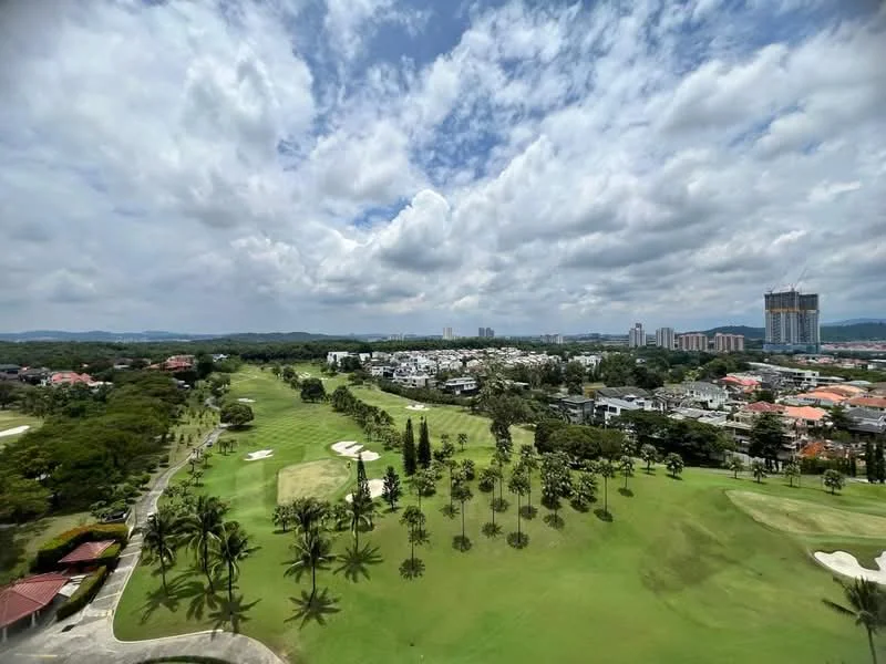Exterior features: golf course view, lush green landscaping, mature palm trees, residential area in background, city skyline in distance, partly cloudy sky, open space, hills in background; style: contemporary.