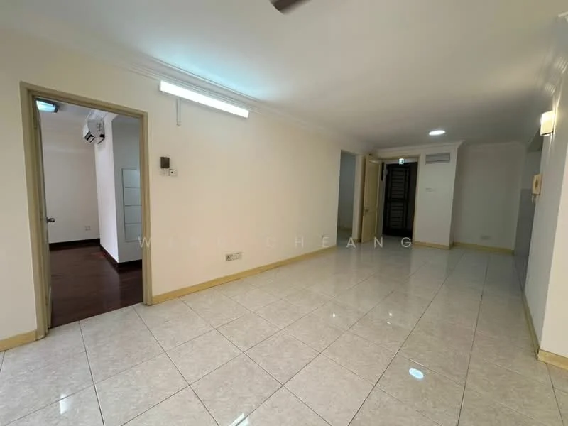 Room features: white painted walls, glossy ceramic tile flooring, recessed downlights, ceiling fan, doorway leading to another room, doorway leading to hallway, light switch, air conditioning unit; style: modern.